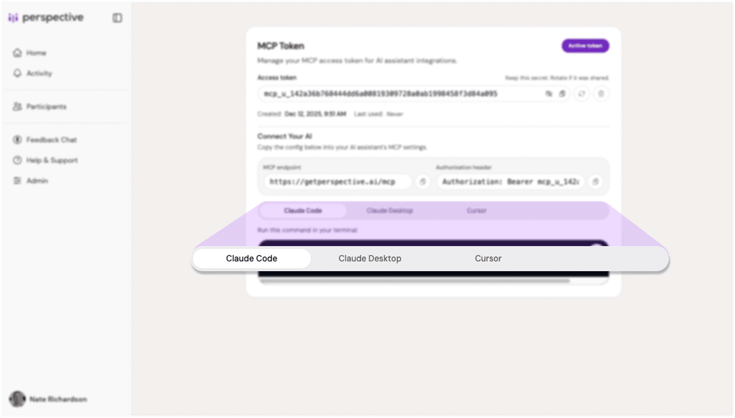 screenshot MCP key card showing the token and configuration options