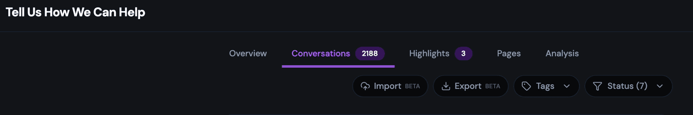 screenshot The Conversations tab, with Import and Export above the conversation list