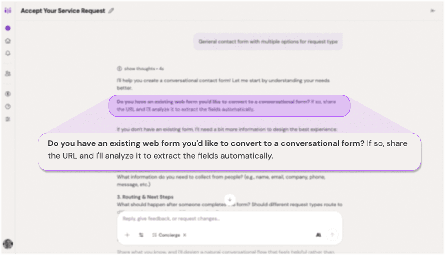 screenshot Concierge first question about existing forms