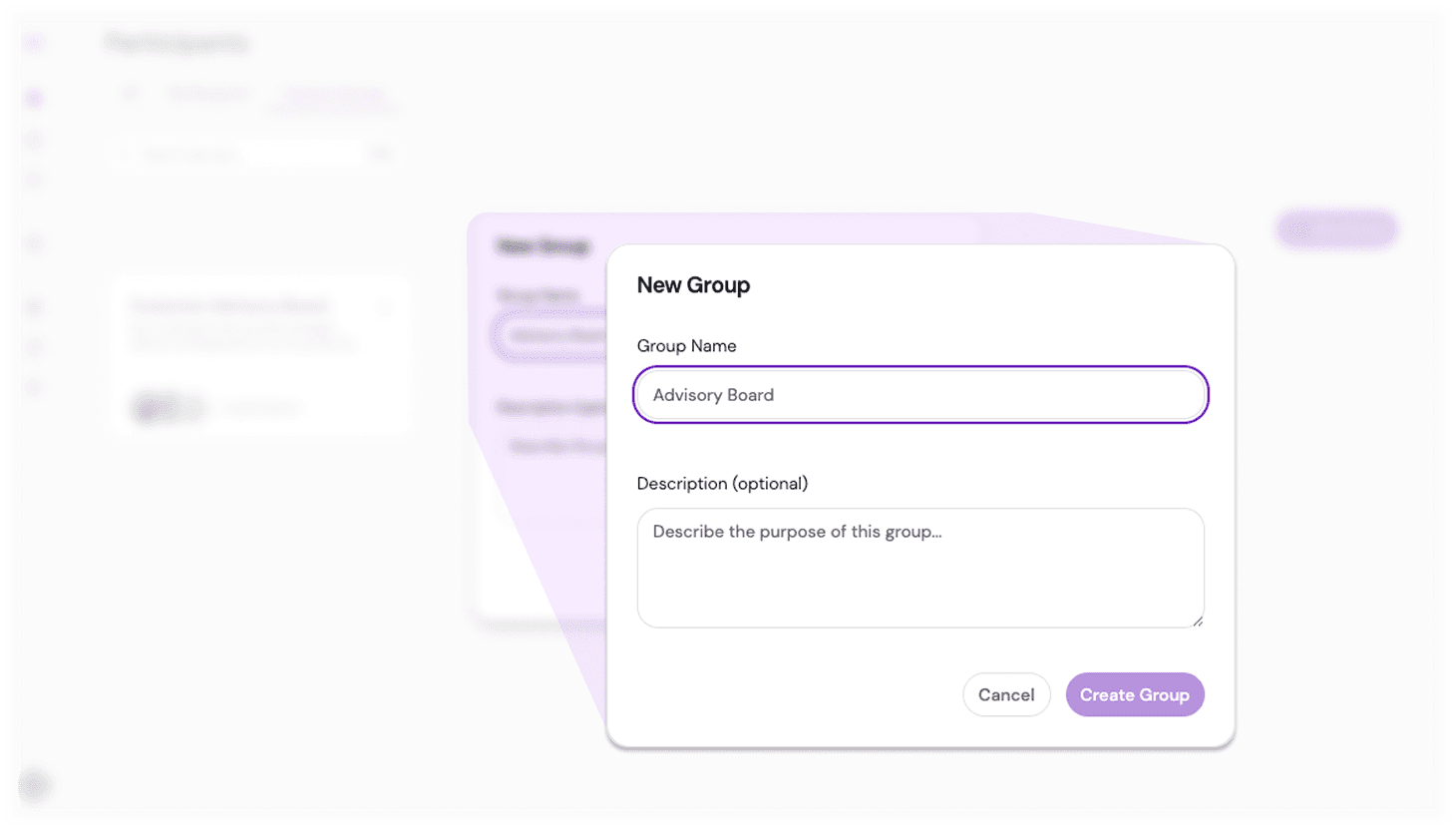 Group creation modal with name and description fields