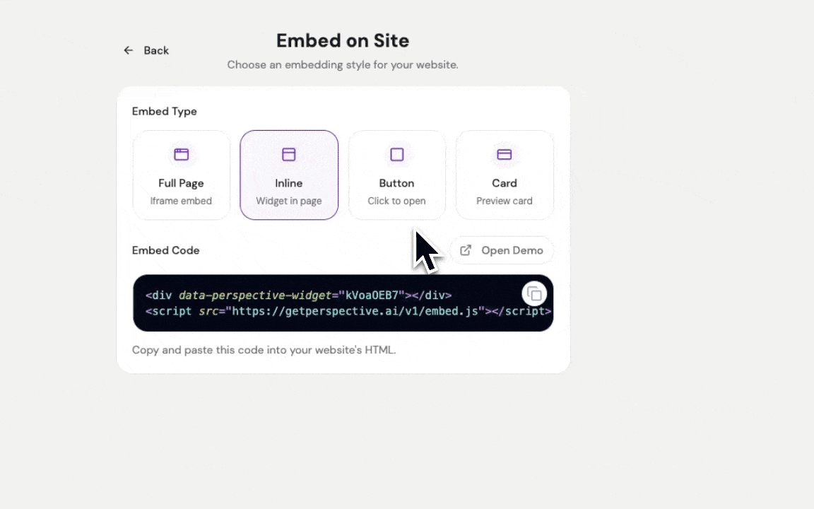 animated Button embed previews cycling through Popup, Slider, and Float styles