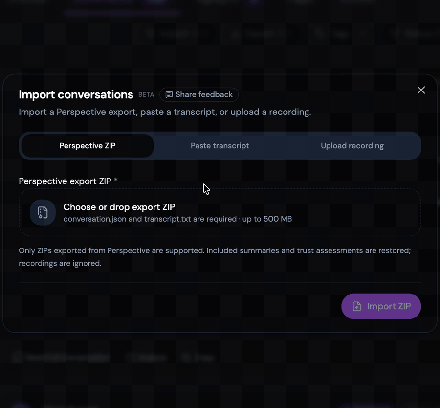 animated Pasting a transcript into the import dialog and adding source details
