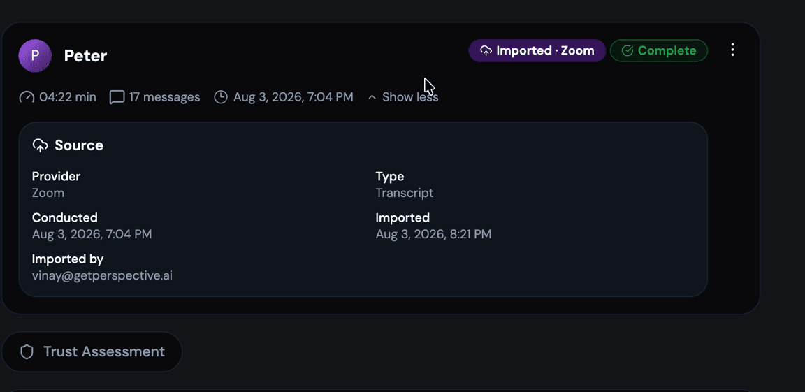 screenshot Imported conversation showing its source provider, type, and import details