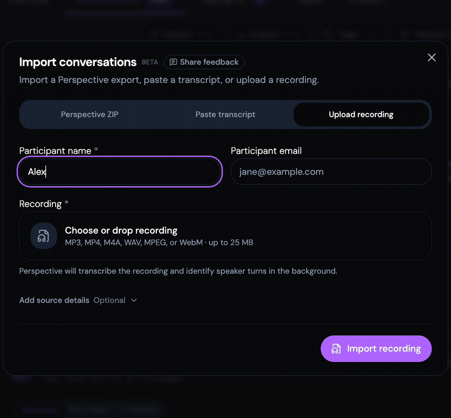 animated Dropping a recording into the import dialog and tagging its source