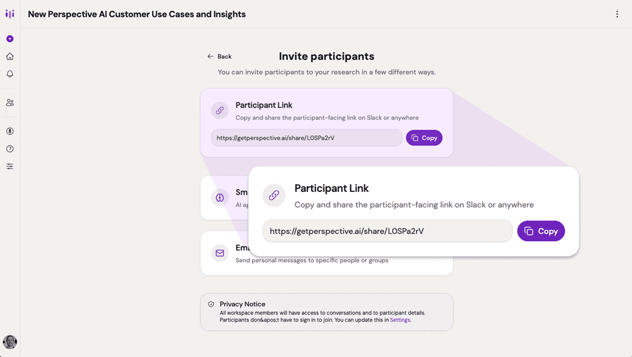 screenshot Copying the invite link from Perspective